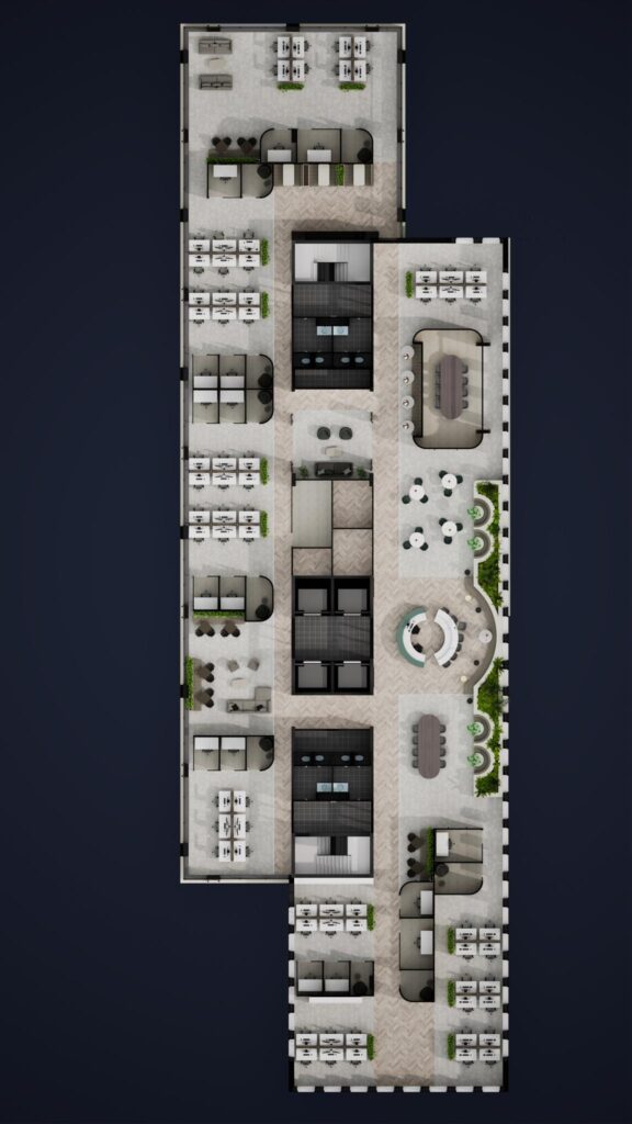 Top-down floor plan of a modern office layout in De Entree, showing workstations, meeting rooms, lounge areas, and green accents.